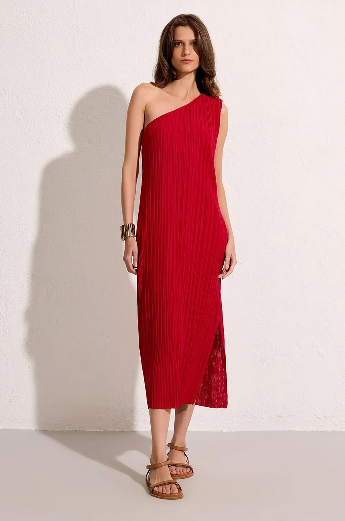 Vestido Plissado Um Ombro Vermelho Petala