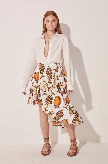 Saia Midi Assimétrica Peixes Caramelo