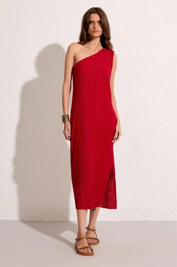 Vestido Plissado Um Ombro Vermelho Petala