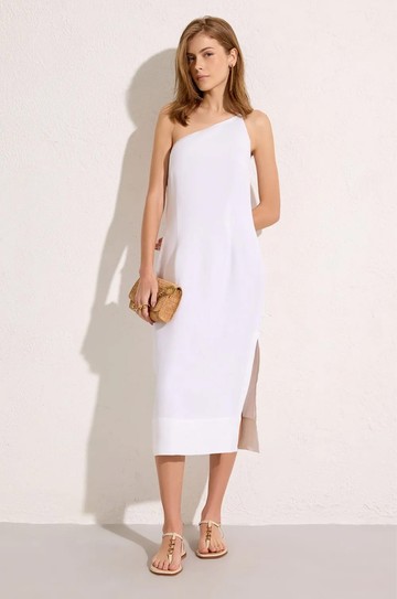 Vestido Um Ombro Linho Branco