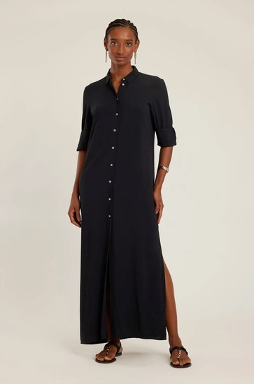 Chemisier Longo Fenda Laterais Preto